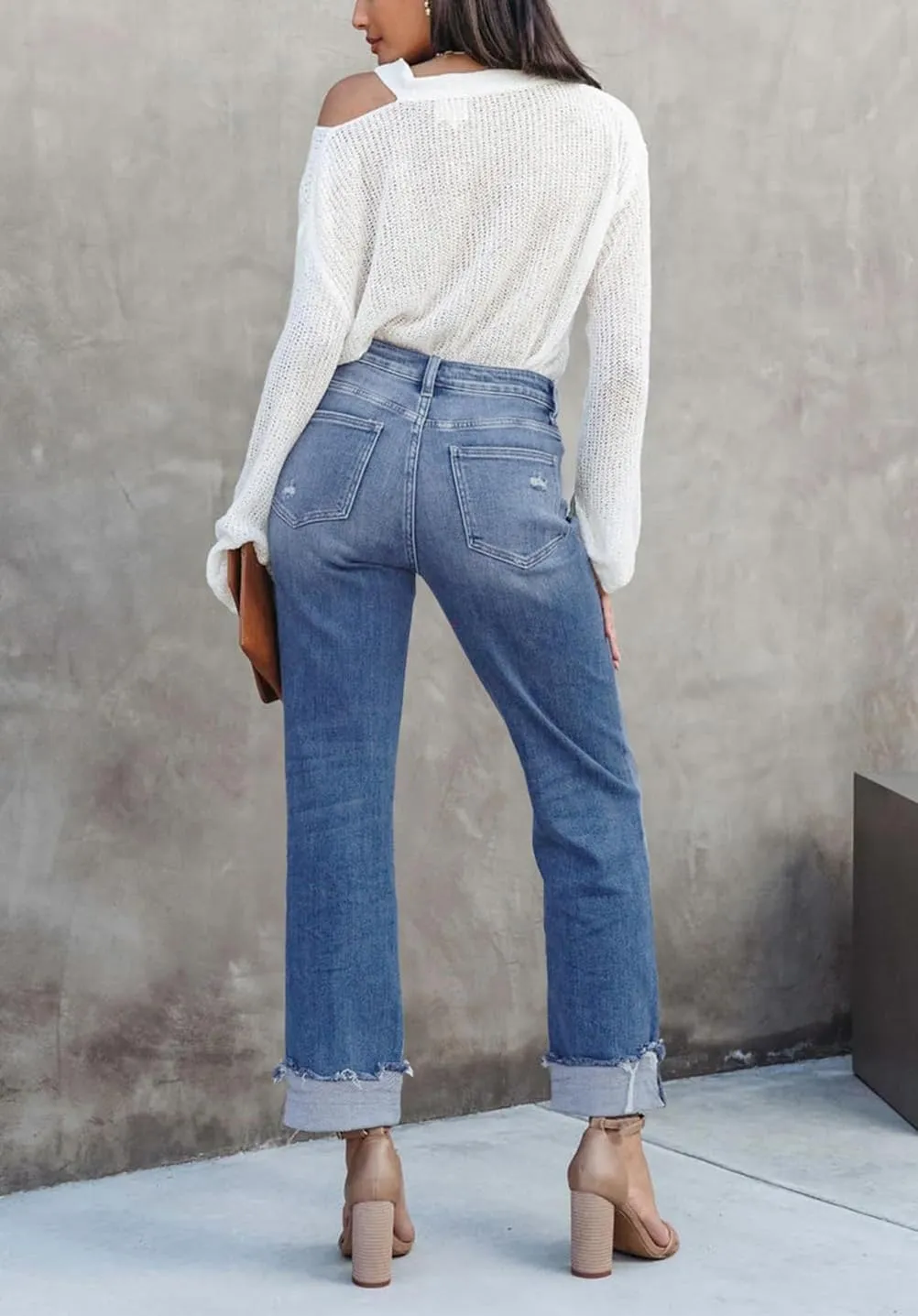 Womens Cargo Denim Jeans High Waisted Stretchy Flap Pocket Straight Leg Pants