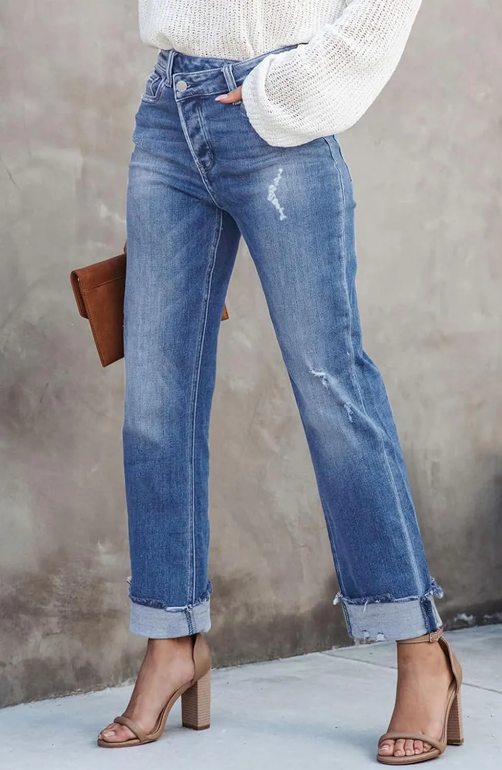 Womens Cargo Denim Jeans High Waisted Stretchy Flap Pocket Straight Leg Pants