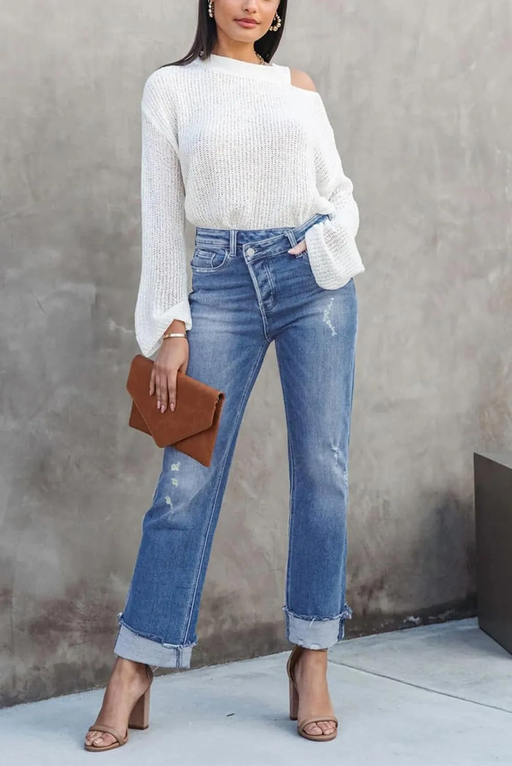 Womens Cargo Denim Jeans High Waisted Stretchy Flap Pocket Straight Leg Pants