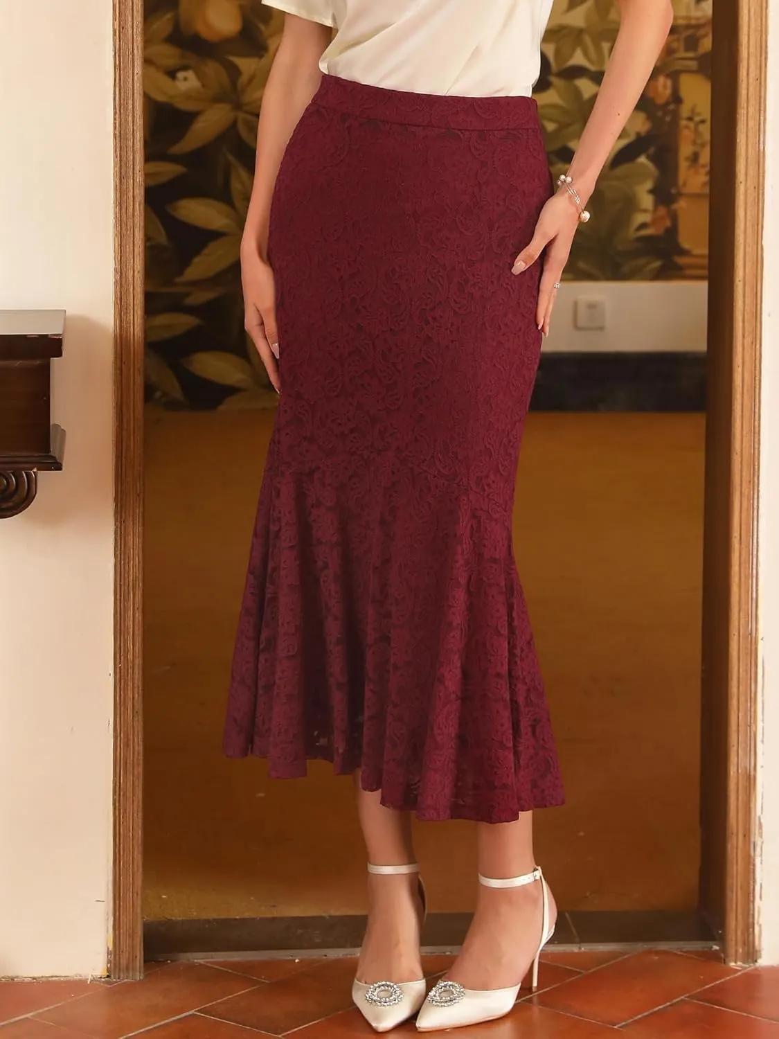 Women's Cocktail Skirts Wedding Guest 2025 Spring Lace Ruffle Hem Midi Mermaid Skirt