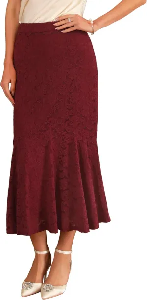 Women's Cocktail Skirts Wedding Guest 2025 Spring Lace Ruffle Hem Midi Mermaid Skirt