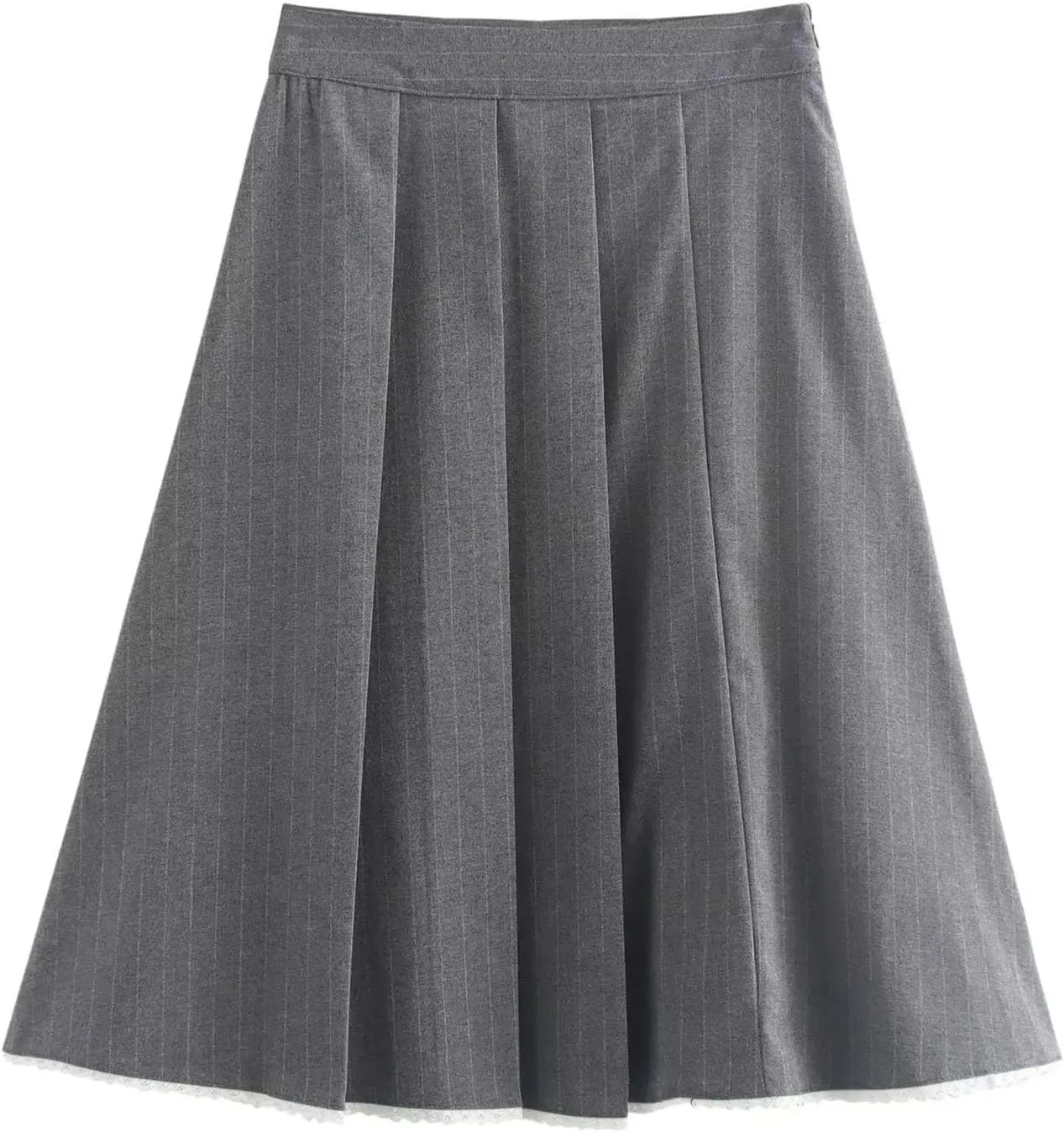 Women's Lace Panel Winter Skirt, Pinstripe Zipper High Waist Midi