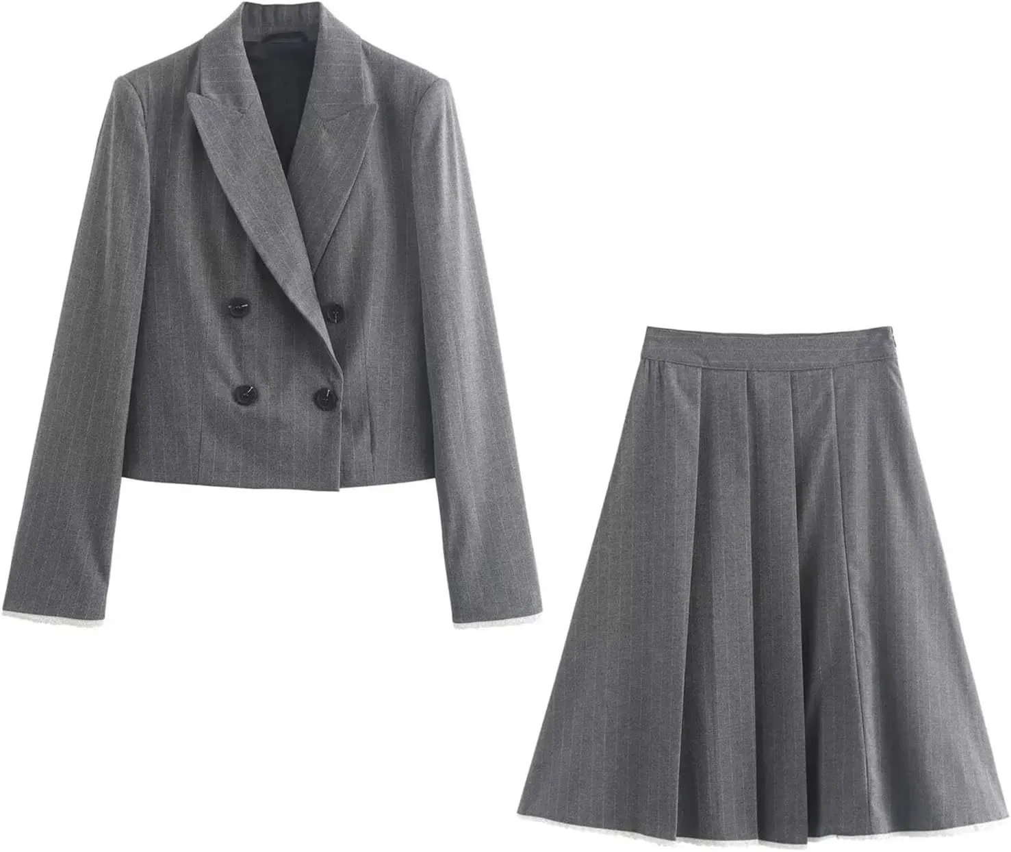Women's Lace Panel Winter Skirt, Pinstripe Zipper High Waist Midi