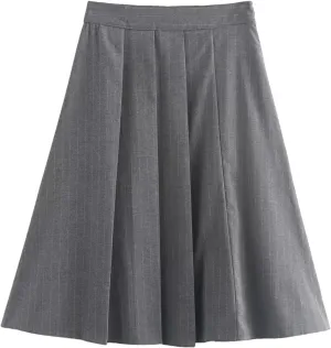 Women's Lace Panel Winter Skirt, Pinstripe Zipper High Waist Midi