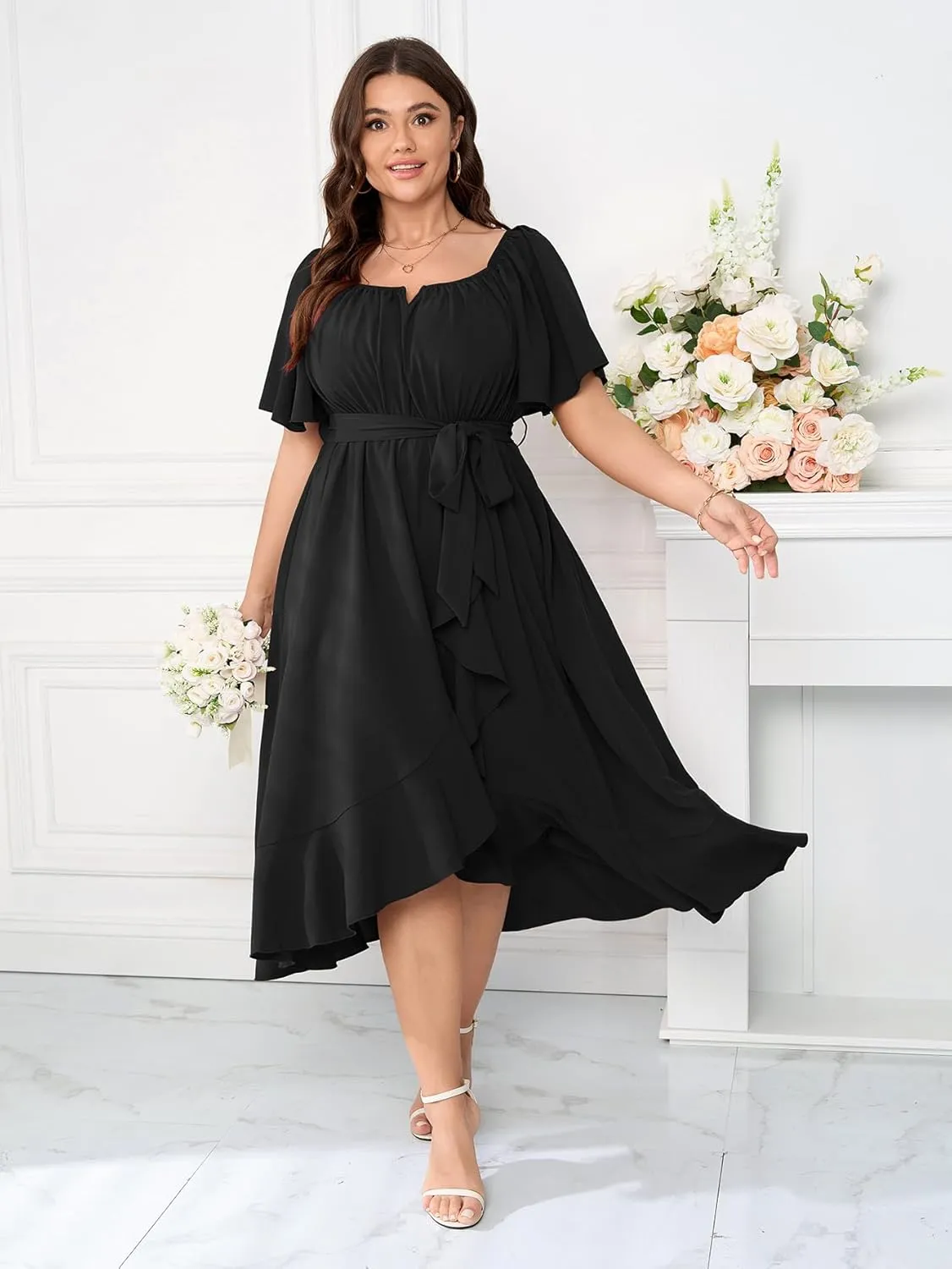 Womens Plus Size Midi Dresses Short Sleeve Square Neck Flowy A Line Formal Wedding Guest Dress Off The Shoulder