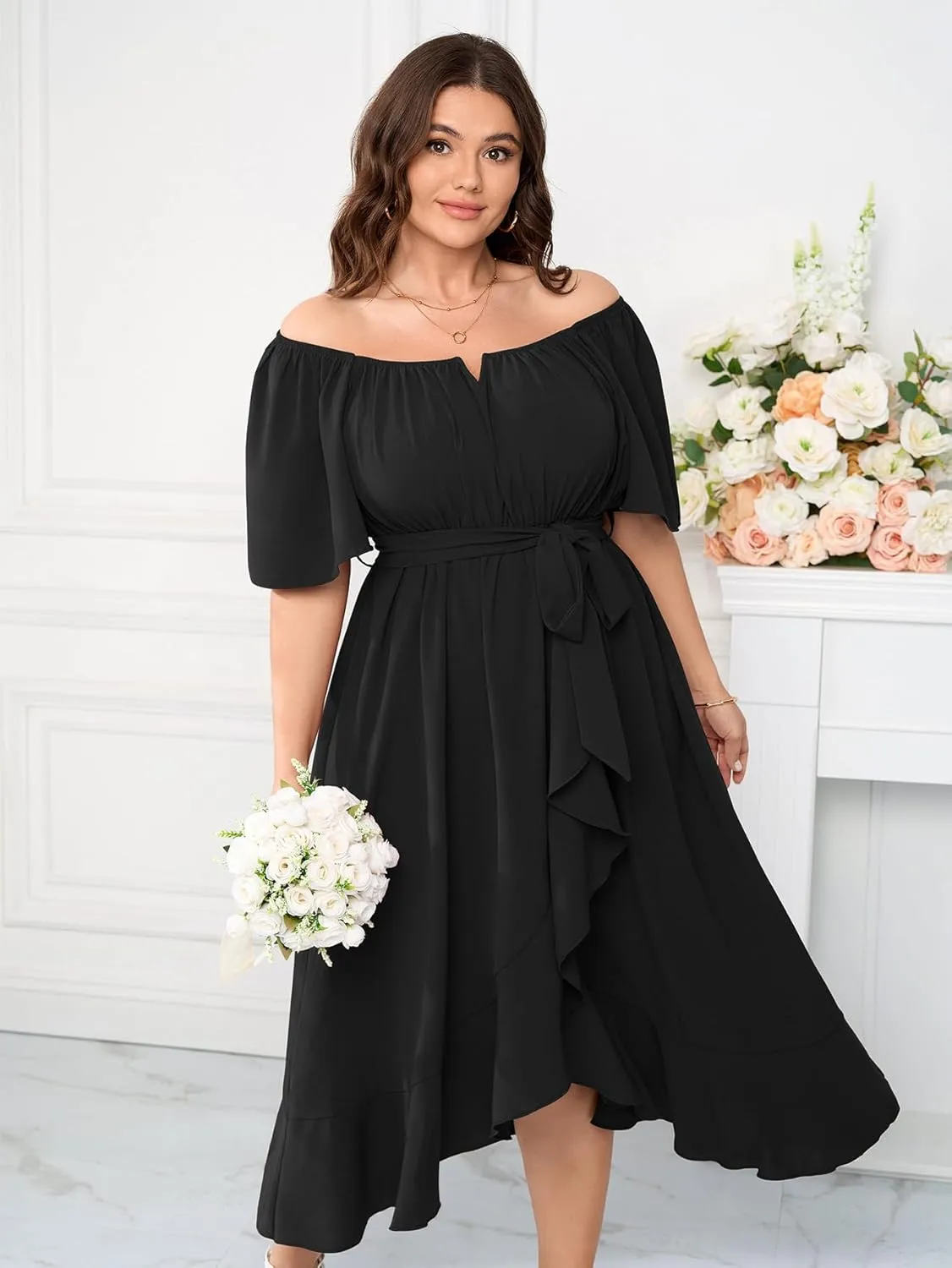 Womens Plus Size Midi Dresses Short Sleeve Square Neck Flowy A Line Formal Wedding Guest Dress Off The Shoulder
