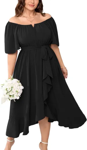 Womens Plus Size Midi Dresses Short Sleeve Square Neck Flowy A Line Formal Wedding Guest Dress Off The Shoulder