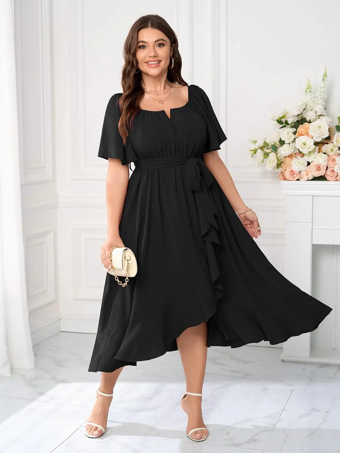 Womens Plus Size Midi Dresses Short Sleeve Square Neck Flowy A Line Formal Wedding Guest Dress Off The Shoulder