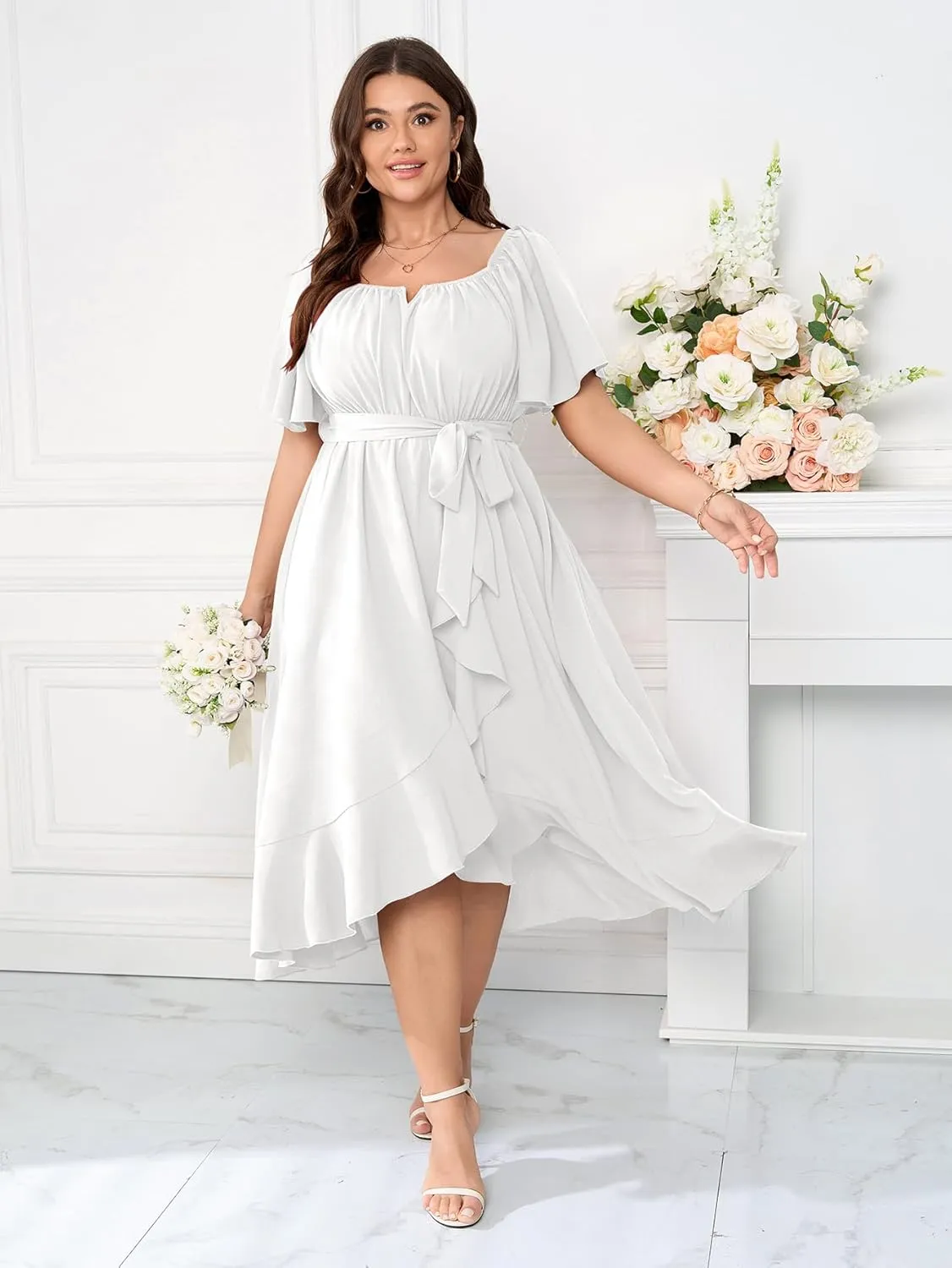 Womens Plus Size Midi Dresses Short Sleeve Square Neck Flowy A Line Formal Wedding Guest Dress Off The Shoulder