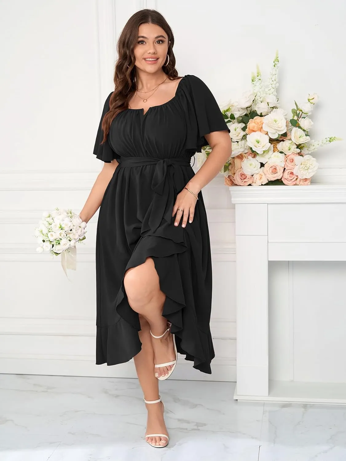 Womens Plus Size Midi Dresses Short Sleeve Square Neck Flowy A Line Formal Wedding Guest Dress Off The Shoulder