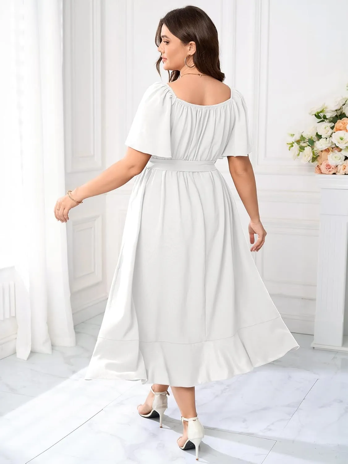 Womens Plus Size Midi Dresses Short Sleeve Square Neck Flowy A Line Formal Wedding Guest Dress Off The Shoulder