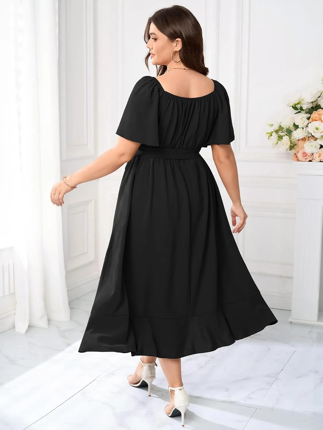 Womens Plus Size Midi Dresses Short Sleeve Square Neck Flowy A Line Formal Wedding Guest Dress Off The Shoulder