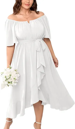 Womens Plus Size Midi Dresses Short Sleeve Square Neck Flowy A Line Formal Wedding Guest Dress Off The Shoulder