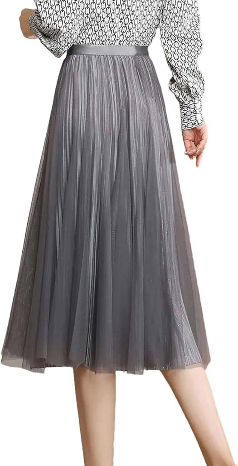 Women's Reversible Mesh Skirt, Shiny Pleated Midi Design