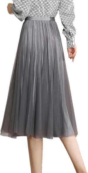 Women's Reversible Mesh Skirt, Shiny Pleated Midi Design
