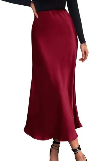 Womens Satin Maxi Skirts Summer Casual Silk Elastic High Waisted Skirt Fashion Flowy Solid Color Flared A-Line Skirt