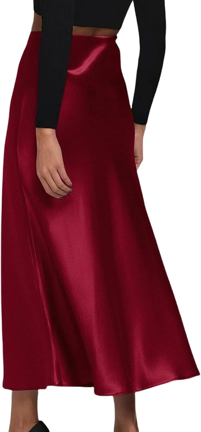 Womens Satin Maxi Skirts Summer Casual Silk Elastic High Waisted Skirt Fashion Flowy Solid Color Flared A-Line Skirt