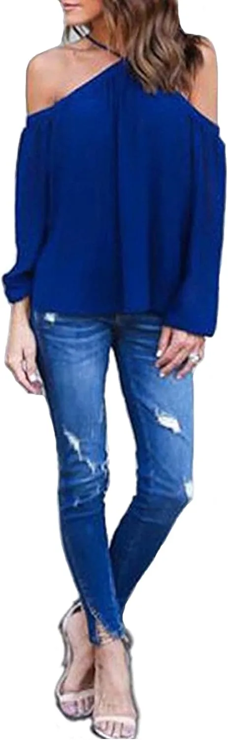 Women's Spaghetti Halter Off The Shoulder Blouse Long Sleeve Shirt Tops