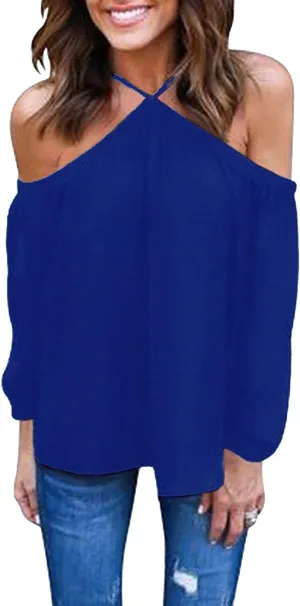 Women's Spaghetti Halter Off The Shoulder Blouse Long Sleeve Shirt Tops