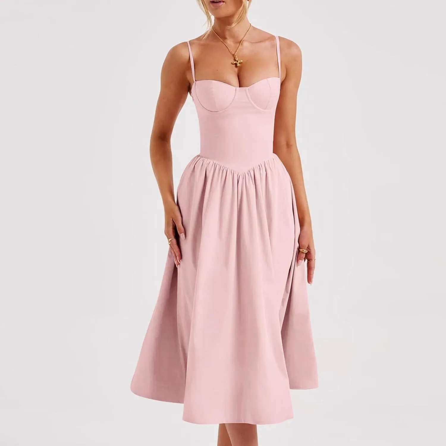 Women's Summer Corset Midi Dress 2025 Summer Spaghetti Strap Low Cut Bust Dress Beach Party Maxi Dresses