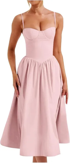 Women's Summer Corset Midi Dress 2025 Summer Spaghetti Strap Low Cut Bust Dress Beach Party Maxi Dresses