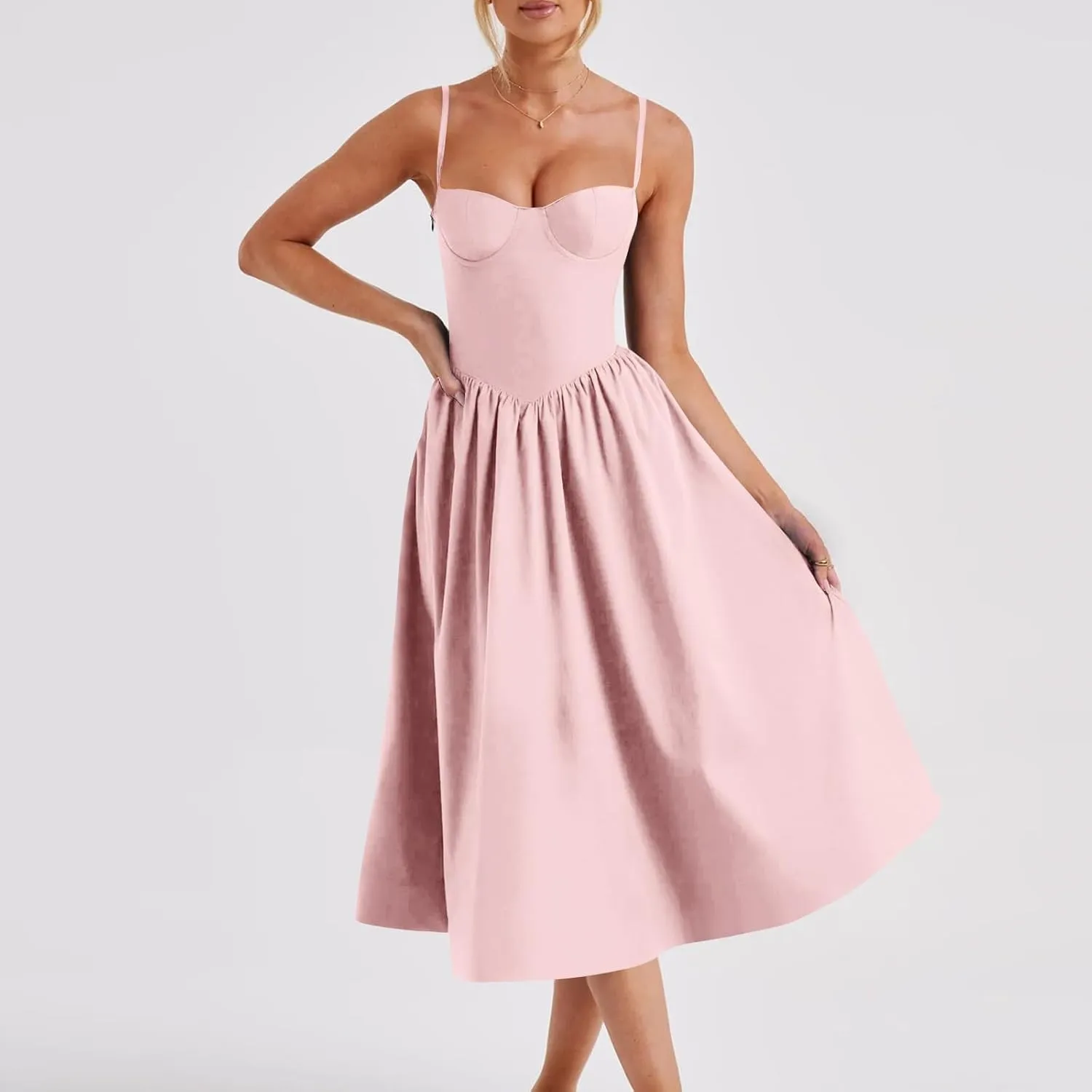 Women's Summer Corset Midi Dress 2025 Summer Spaghetti Strap Low Cut Bust Dress Beach Party Maxi Dresses