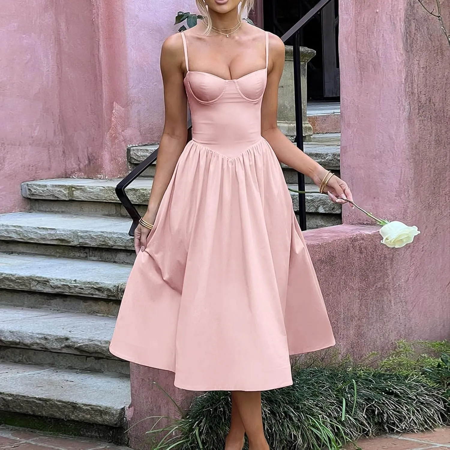 Women's Summer Corset Midi Dress 2025 Summer Spaghetti Strap Low Cut Bust Dress Beach Party Maxi Dresses