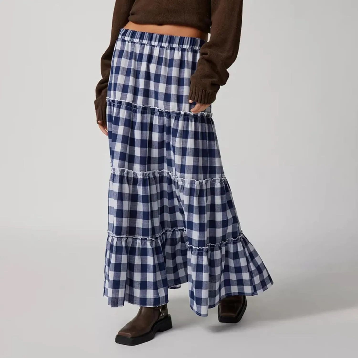Women's Vintage Plaid Maxi Skirt Mopping Floor Length Big Hem Ruffled Tiered Long Skirt Gingham A Line Skirt