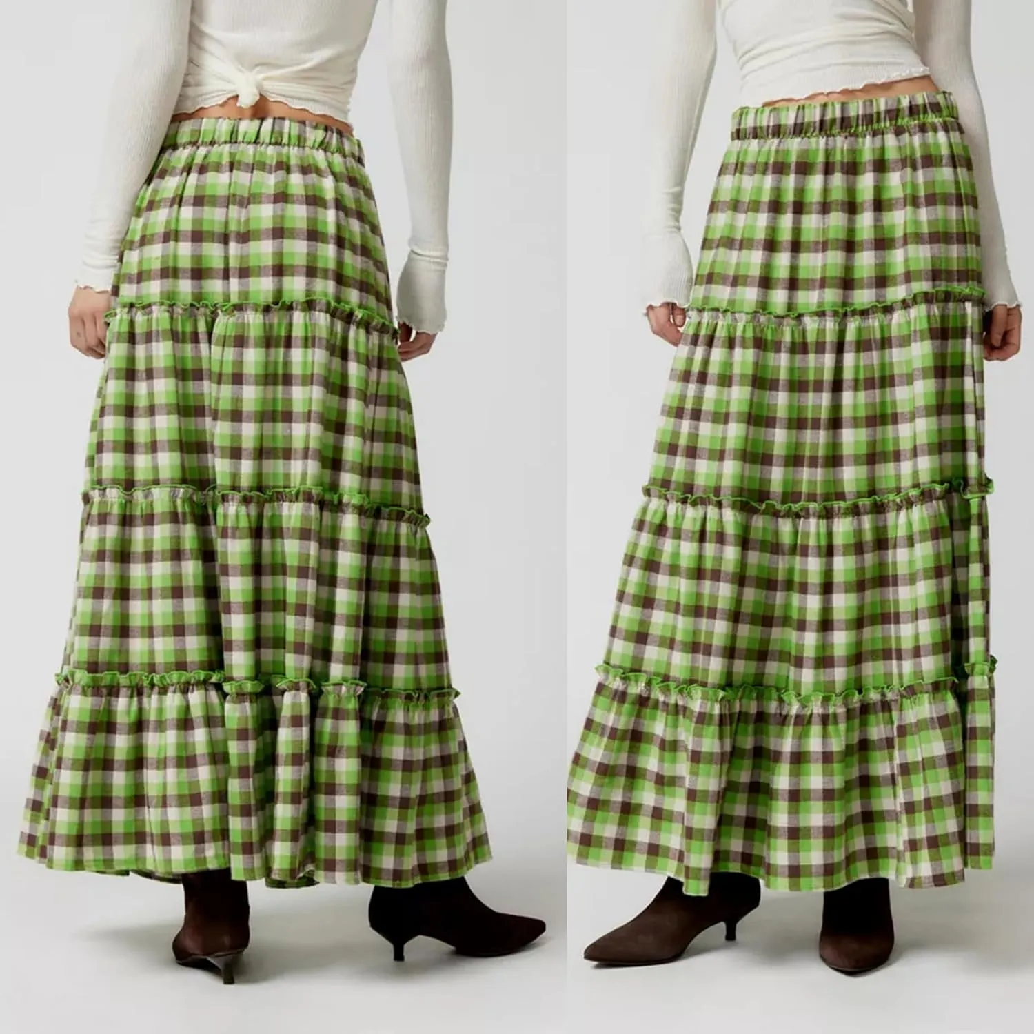 Women's Vintage Plaid Maxi Skirt Mopping Floor Length Big Hem Ruffled Tiered Long Skirt Gingham A Line Skirt
