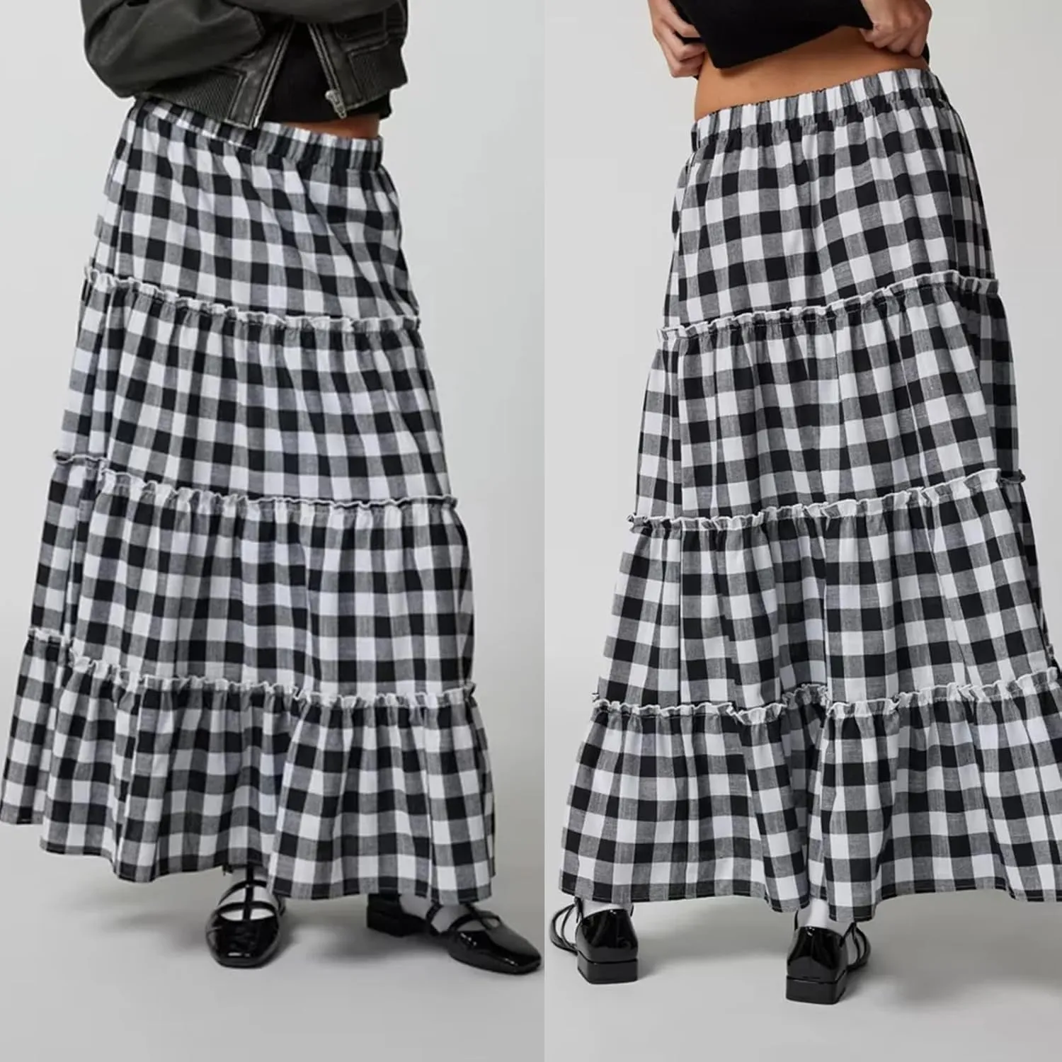 Women's Vintage Plaid Maxi Skirt Mopping Floor Length Big Hem Ruffled Tiered Long Skirt Gingham A Line Skirt