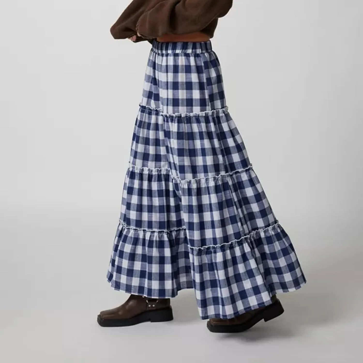 Women's Vintage Plaid Maxi Skirt Mopping Floor Length Big Hem Ruffled Tiered Long Skirt Gingham A Line Skirt