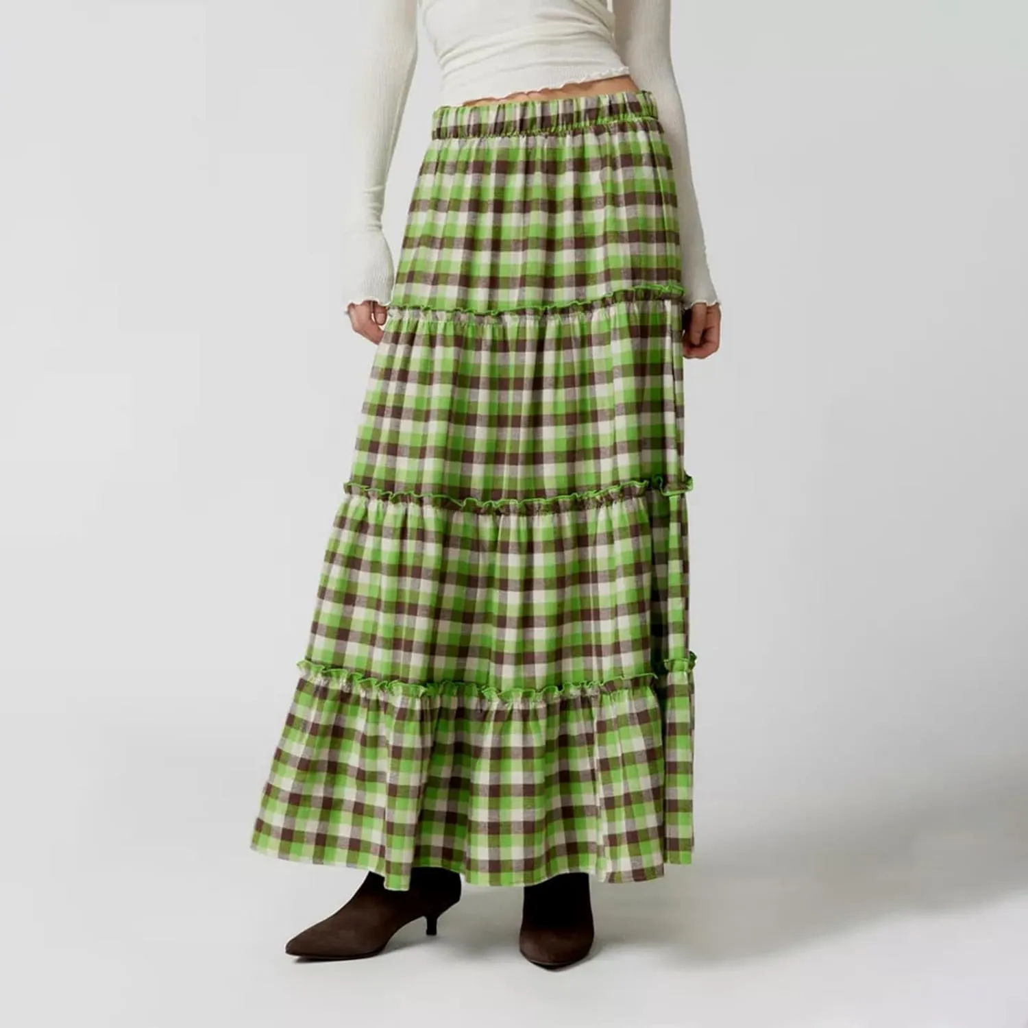 Women's Vintage Plaid Maxi Skirt Mopping Floor Length Big Hem Ruffled Tiered Long Skirt Gingham A Line Skirt