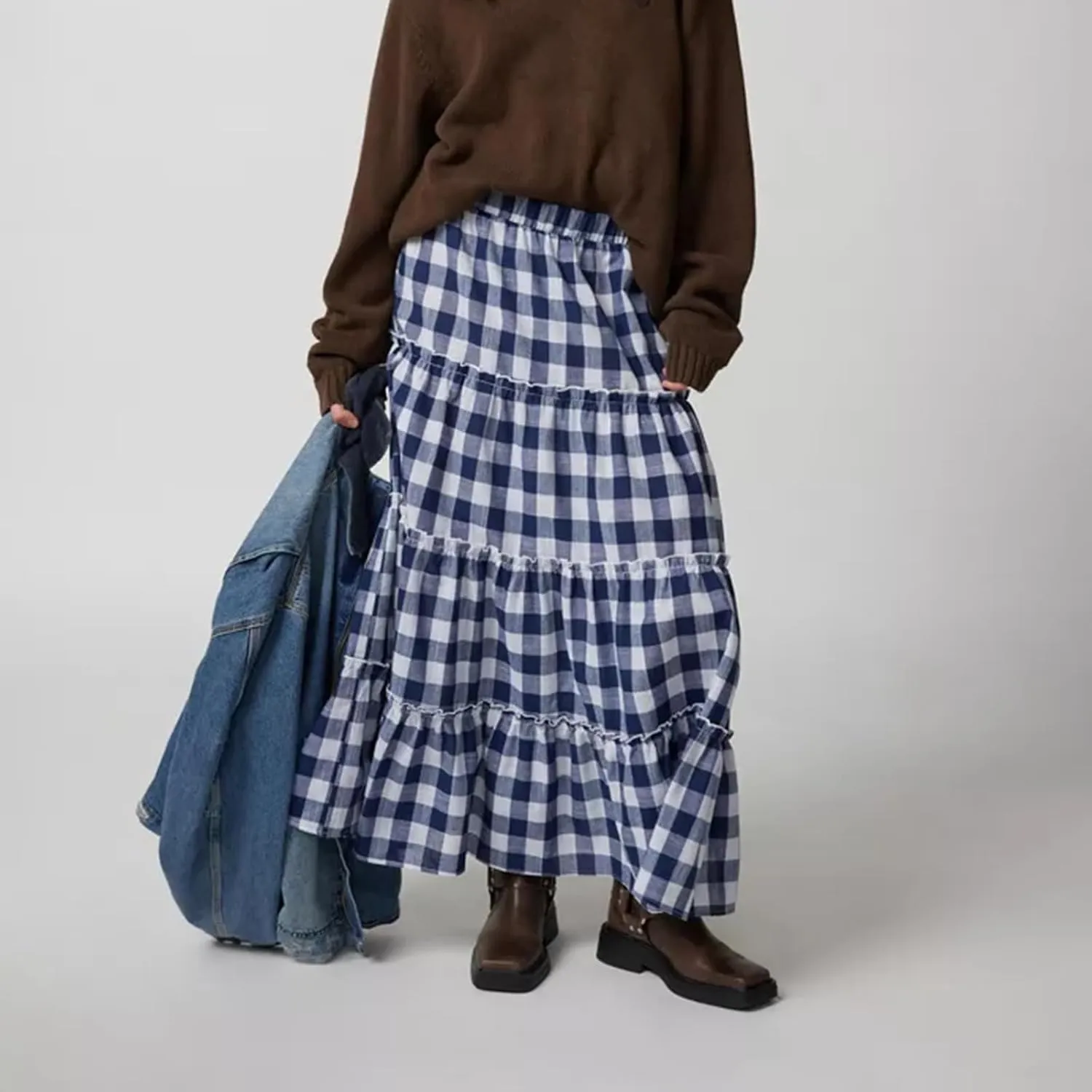 Women's Vintage Plaid Maxi Skirt Mopping Floor Length Big Hem Ruffled Tiered Long Skirt Gingham A Line Skirt