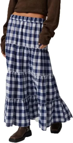 Women's Vintage Plaid Maxi Skirt Mopping Floor Length Big Hem Ruffled Tiered Long Skirt Gingham A Line Skirt