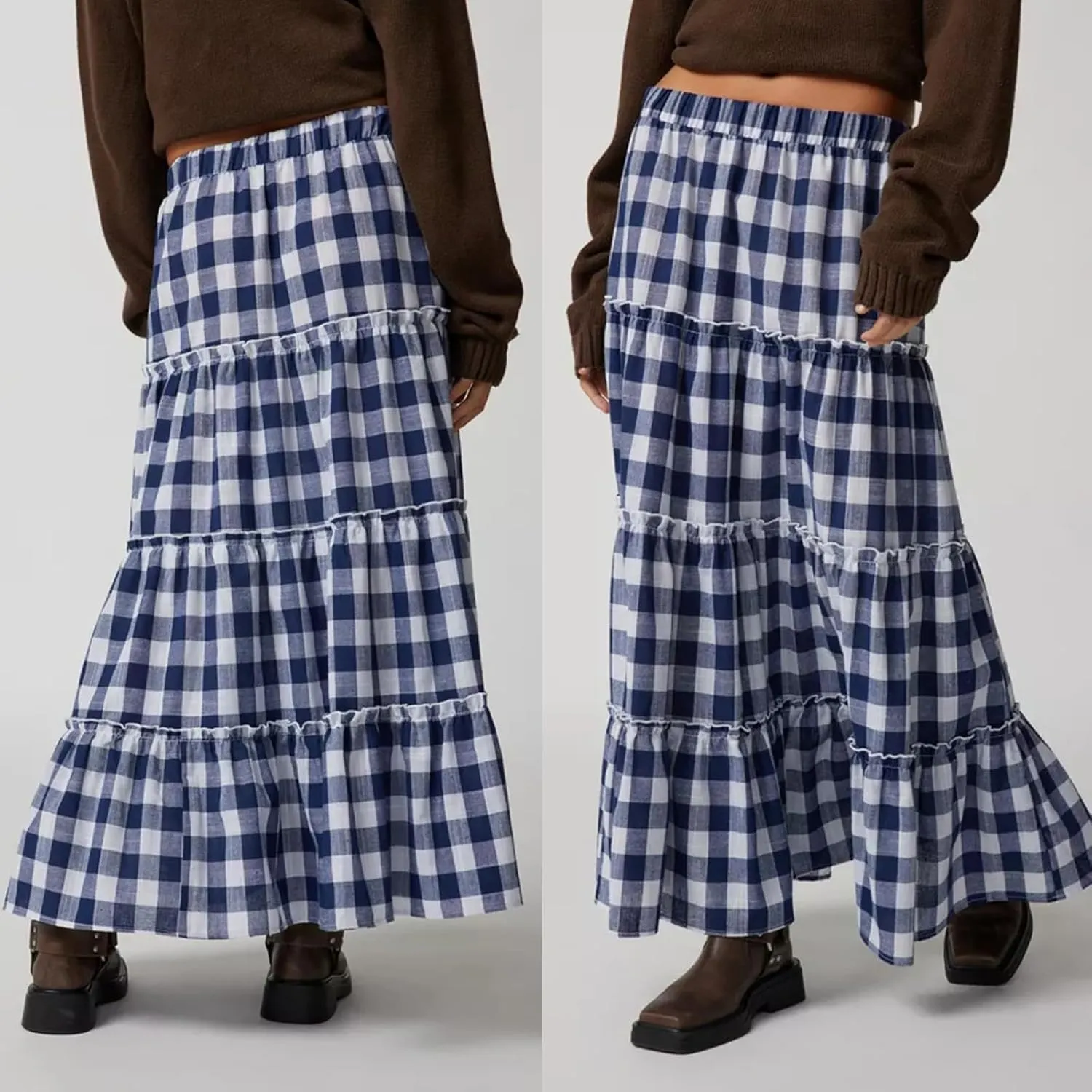 Women's Vintage Plaid Maxi Skirt Mopping Floor Length Big Hem Ruffled Tiered Long Skirt Gingham A Line Skirt