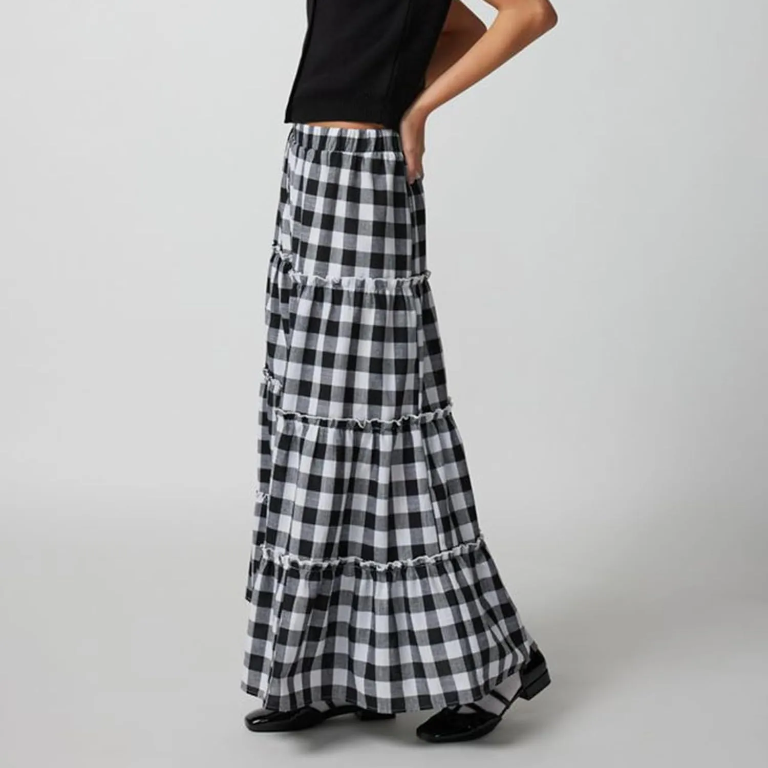Women's Vintage Plaid Maxi Skirt Mopping Floor Length Big Hem Ruffled Tiered Long Skirt Gingham A Line Skirt
