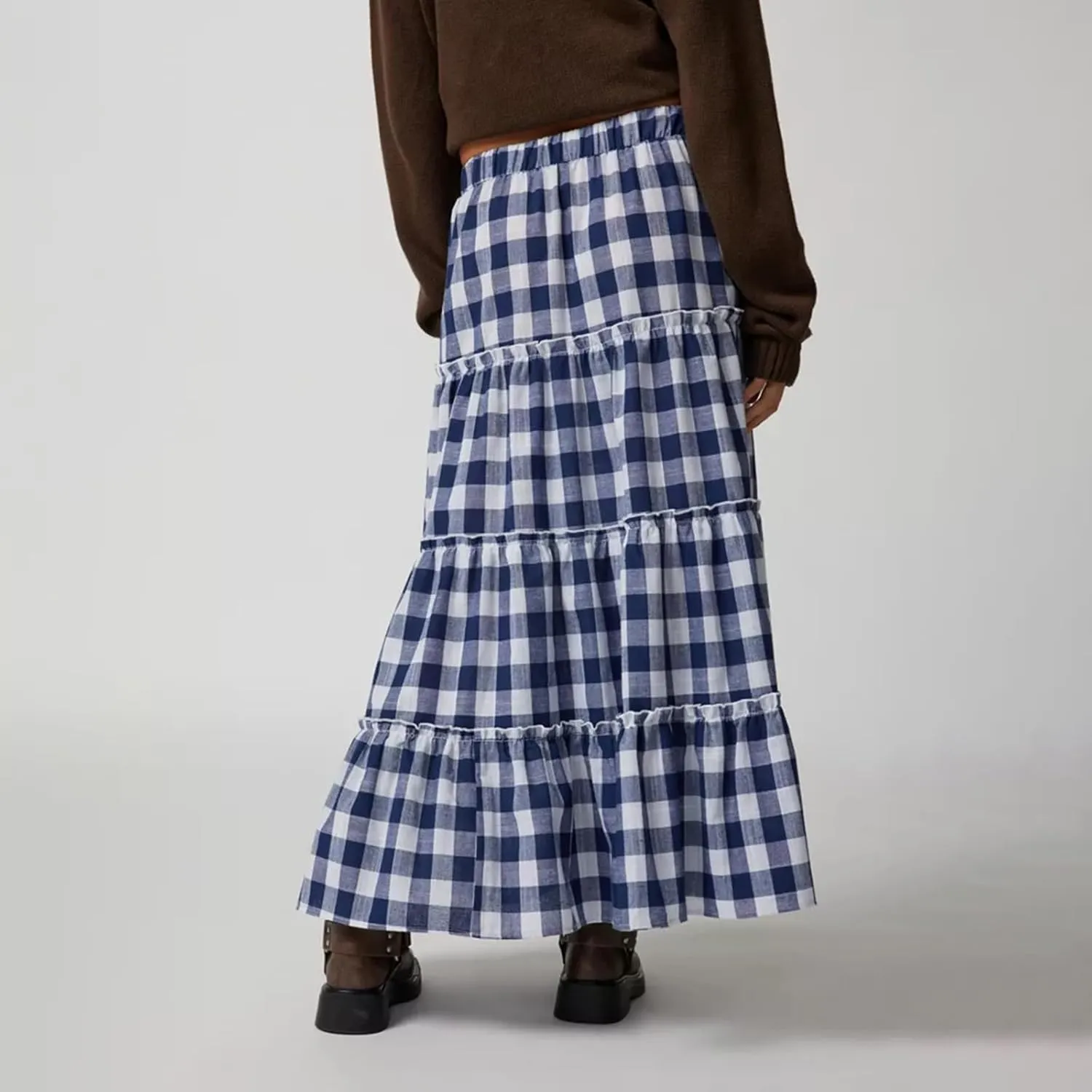 Women's Vintage Plaid Maxi Skirt Mopping Floor Length Big Hem Ruffled Tiered Long Skirt Gingham A Line Skirt