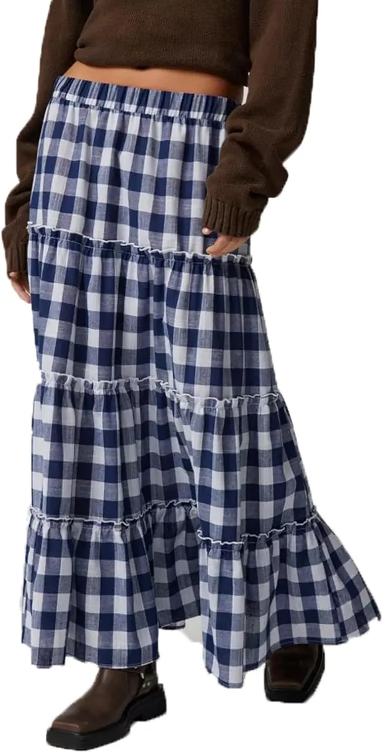 Women's Vintage Plaid Maxi Skirt Mopping Floor Length Big Hem Ruffled Tiered Long Skirt Gingham A Line Skirt