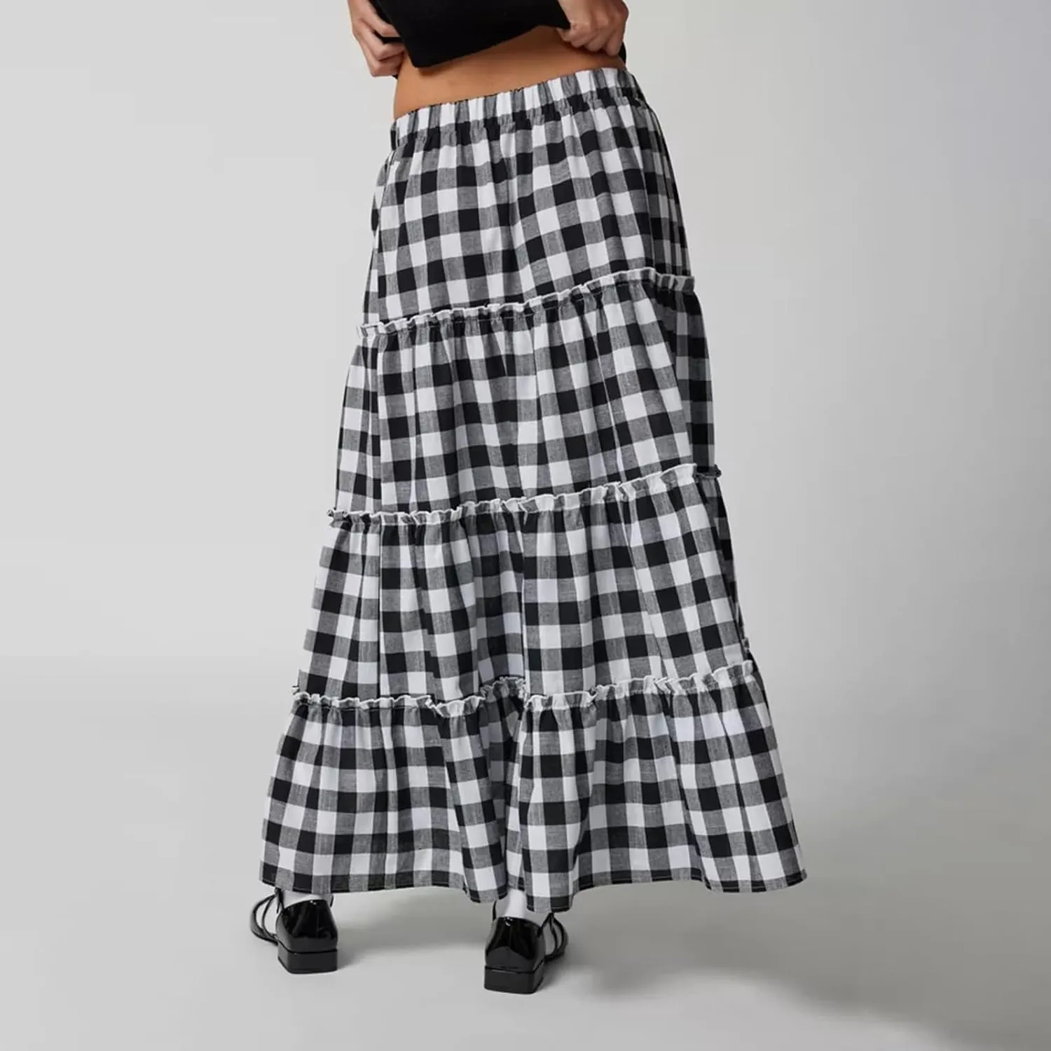 Women's Vintage Plaid Maxi Skirt Mopping Floor Length Big Hem Ruffled Tiered Long Skirt Gingham A Line Skirt