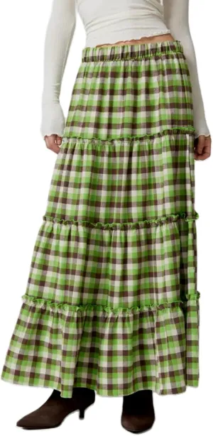 Women's Vintage Plaid Maxi Skirt Mopping Floor Length Big Hem Ruffled Tiered Long Skirt Gingham A Line Skirt