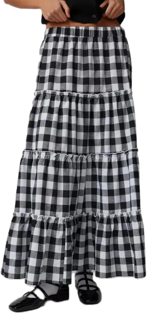 Women's Vintage Plaid Maxi Skirt Mopping Floor Length Big Hem Ruffled Tiered Long Skirt Gingham A Line Skirt