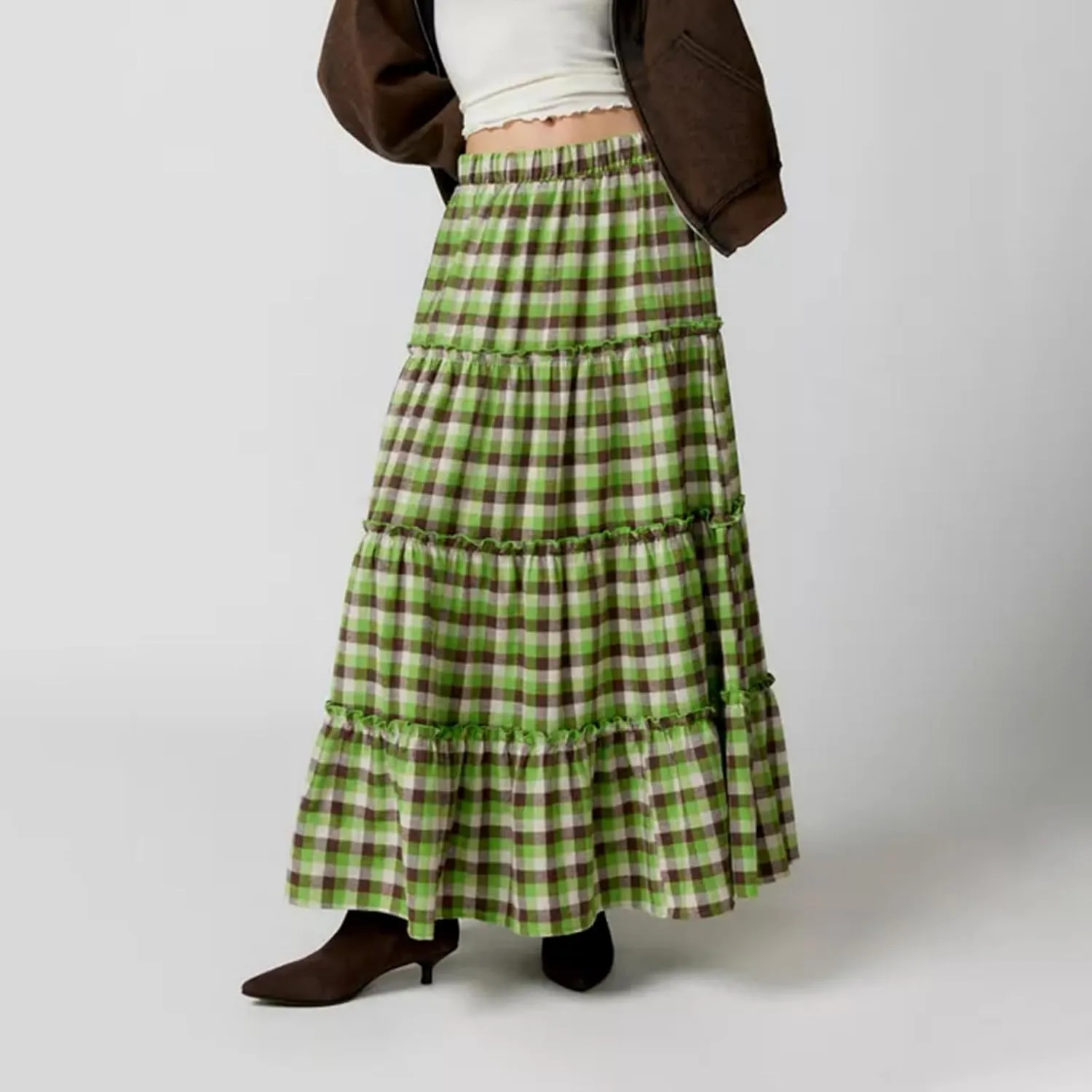 Women's Vintage Plaid Maxi Skirt Mopping Floor Length Big Hem Ruffled Tiered Long Skirt Gingham A Line Skirt