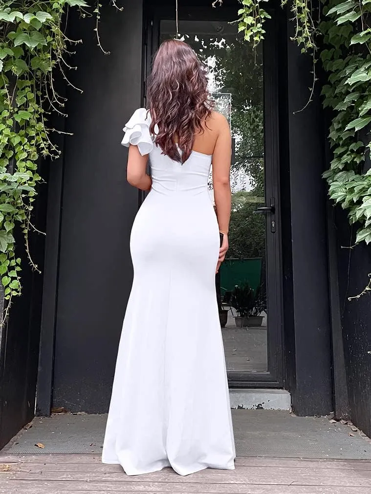 YMDUCH Women's Sexy Sleeveless One Shoulder Ruffle High Split Party Evening Long Formal Dress