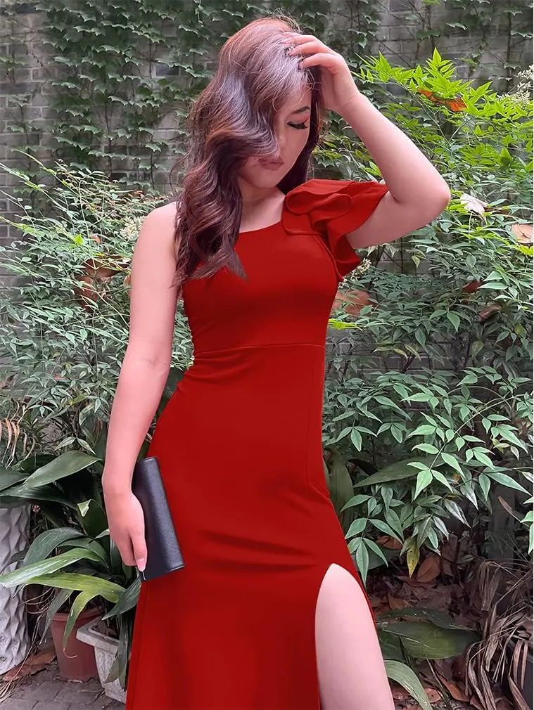 YMDUCH Women's Sexy Sleeveless One Shoulder Ruffle High Split Party Evening Long Formal Dress