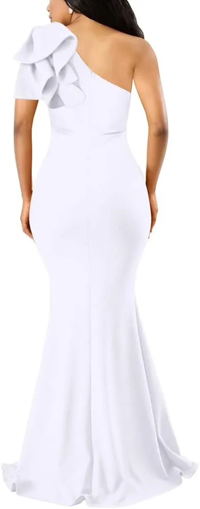 YMDUCH Women's Sexy Sleeveless One Shoulder Ruffle High Split Party Evening Long Formal Dress