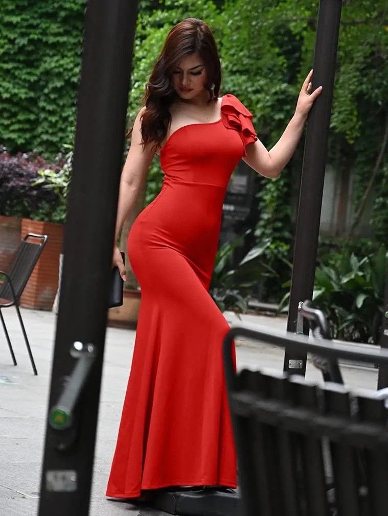 YMDUCH Women's Sexy Sleeveless One Shoulder Ruffle High Split Party Evening Long Formal Dress