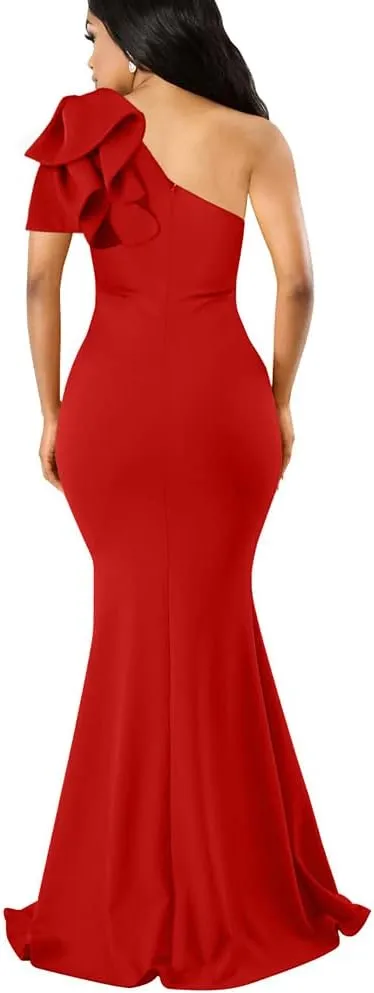 YMDUCH Women's Sexy Sleeveless One Shoulder Ruffle High Split Party Evening Long Formal Dress